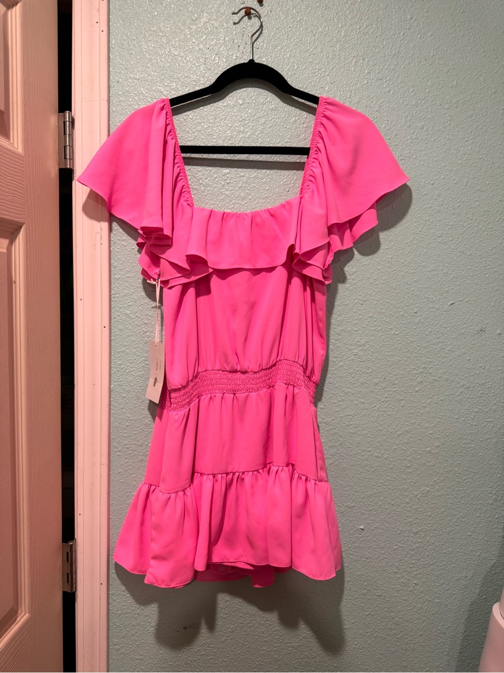 Amanda Uprichard Ali Romper Hot Pink Off-Shoulder Dress - Picture 7 of 9